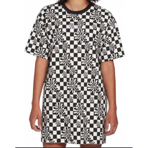 Vans Womens Large Divine Energy Dress White Black Checkered Funky Crew Neck - Picture 1 of 11